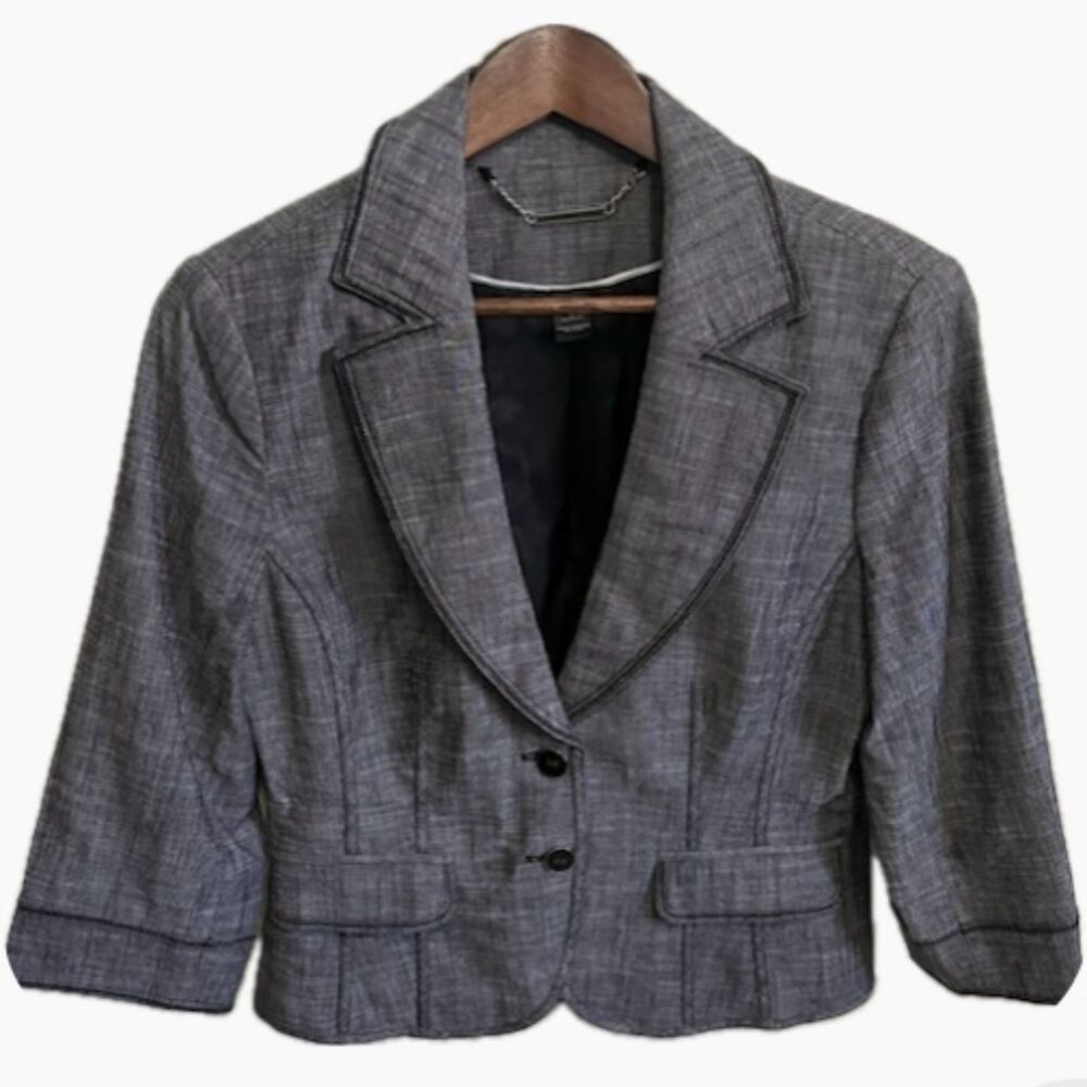 White House Black Market Gray Plaid 3/4 Sleeve Blazer Size 8 Linen Wool